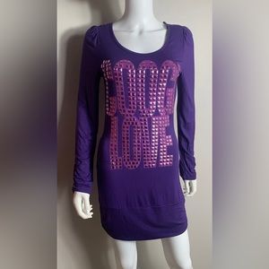 Coogi Drape Dress Embellished Long Sleeve Womens LG "Love Coogi" Ruched sides